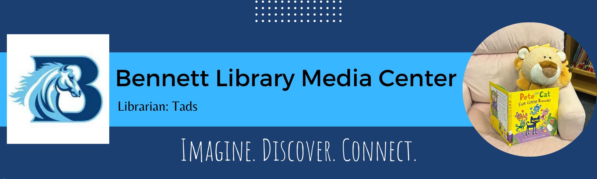 Bennett Library Media Center Banner with a stuffed Lion reading a book